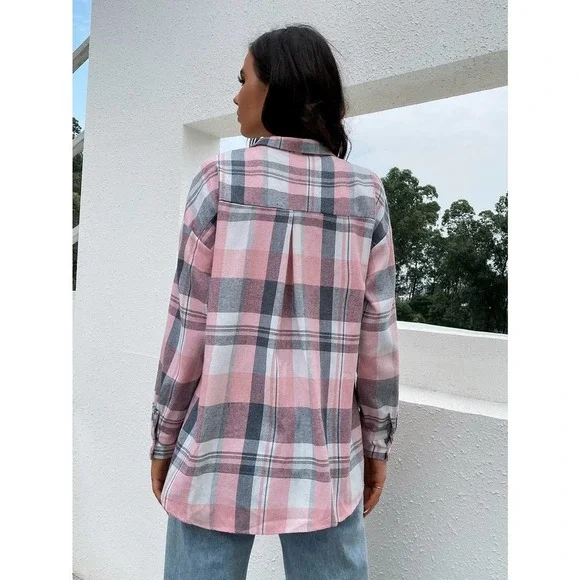 Preppy oversized Plaid print long sleeve button up Shirt - Picture 8 of 11